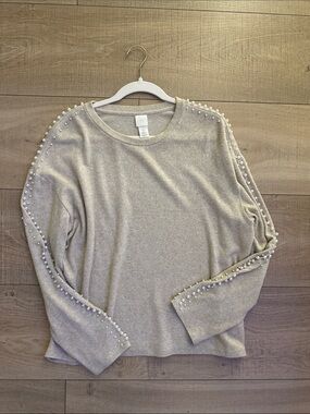 H&M Pearl-Embellished Long Sleeve Crewneck Sweater - Light Beige Size Large